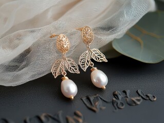Fototapeta premium Intricate gold filigree earrings with delicate dangling pearls, [gold jewelry], [vintage elegance with modern twist].