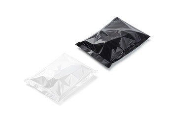 Blank black and white die-cut full plastic bag mockup lying.