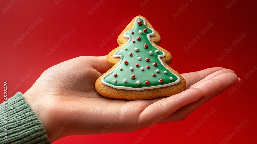 Poster Isolated on Red color background with side space for letters hand holding a gingerbread cookie shaped like a Christmas tree decorated with green icing and colorful sprinkles Stock Photo with copy