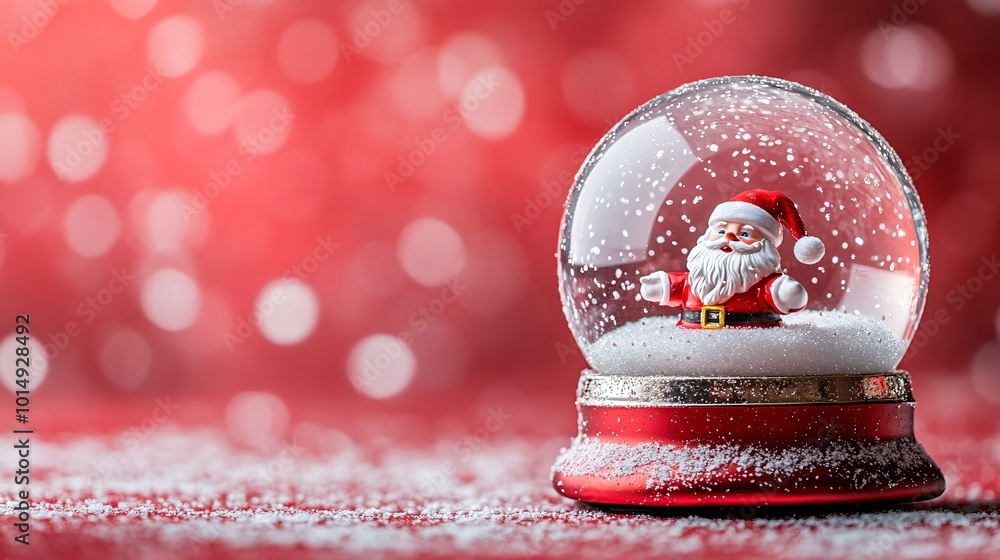 Poster Isolated on Red color background with side space for letters hand holding a holiday-themed snow globe featuring a tiny Santa Claus inside Stock Photo with copy space
