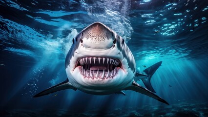 Obraz premium A close-up view of a shark swimming underwater, showcasing its teeth and powerful presence.