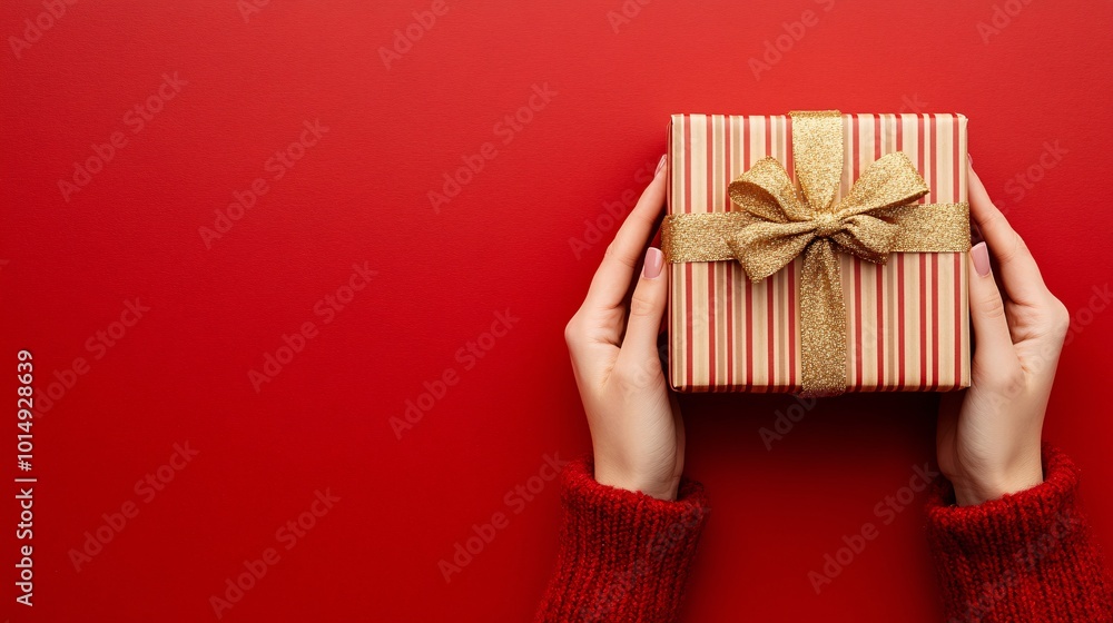 Poster isolated on red color background with side space for letters hands holding a holiday gift box wrappe