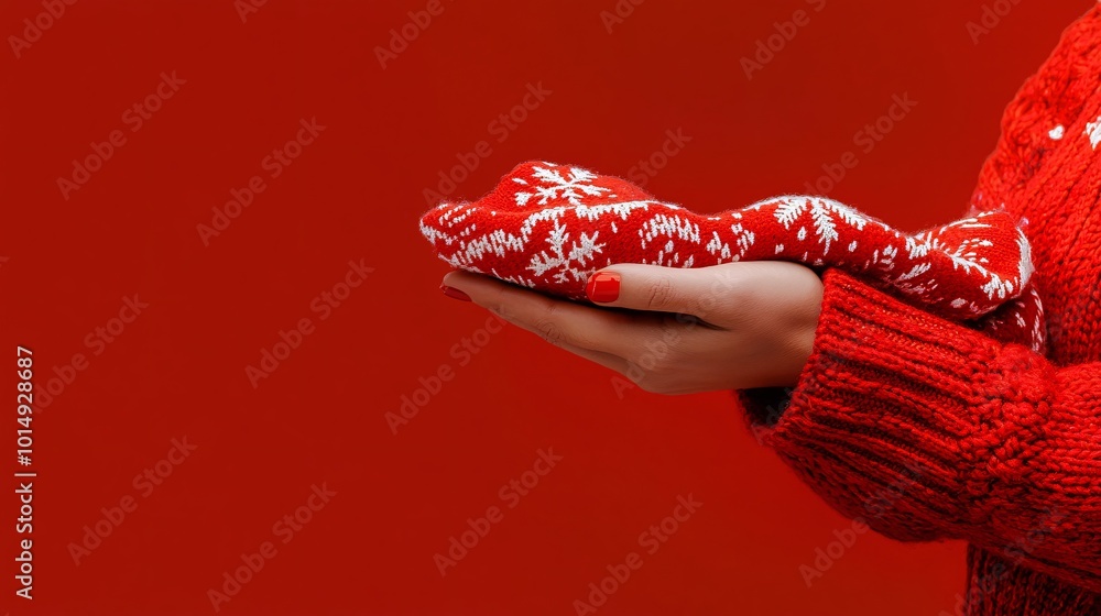 Poster isolated on red color background with side space for letters hand holding a festive holiday scarf in