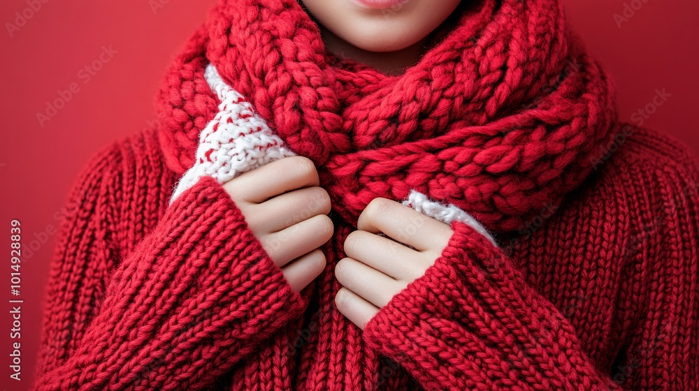 Poster isolated on red color background with side space for letters hand holding a festive holiday scarf in