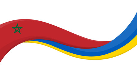 Wavy ribbon banner of Ukraine National flag with Morocco National Flag. Unity and cooperation symbol. Logo for charity and social events, NGO initiative, sport teams. Vector illustration.