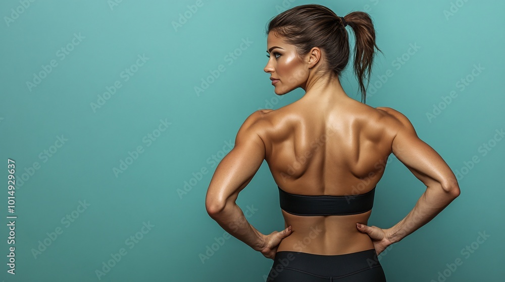 Poster isolated on color background with side space for letters back view of a woman standing with her hand