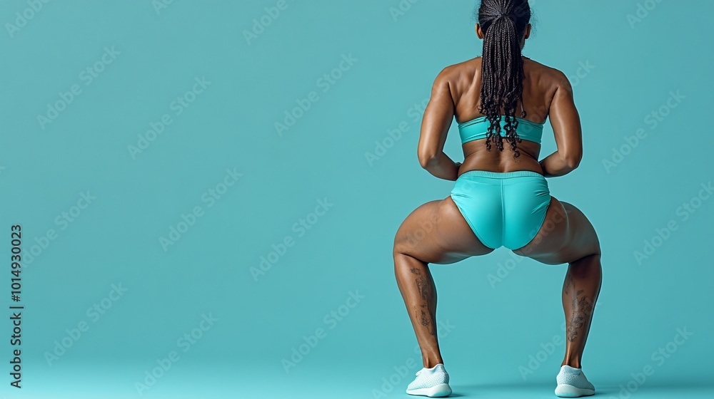 Poster isolated on color background with side space for letters back view shot of a woman in teal sports at