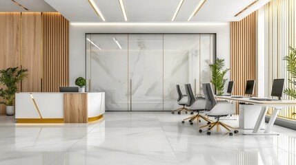 Modern luxury office space with sleek gold accents, [refined gold], [wealth and success in professional spaces].