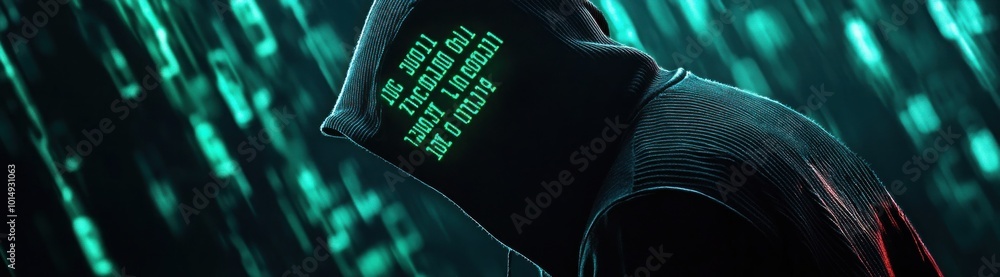 Poster a mysterious figure in a hooded jacket stands against a background of glowing green digital code, cr
