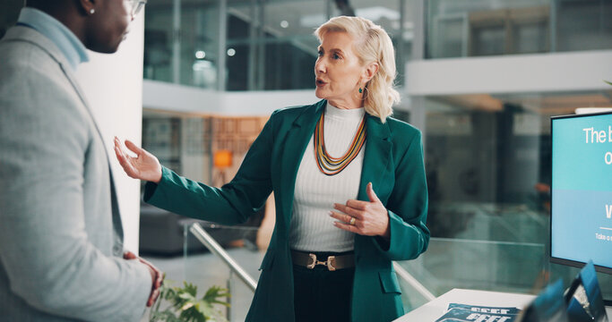 Welcome booth, conference and tradeshow with business people at expo for summit, information or showcase. Product exhibition, brochure and networking pitch with employee at seminar for workshop event