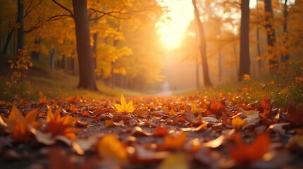  Fallen autumn leaves on the background of the forest path in the forest in the rays of a warm sunset, creating a sense of peace and harmony of nature.