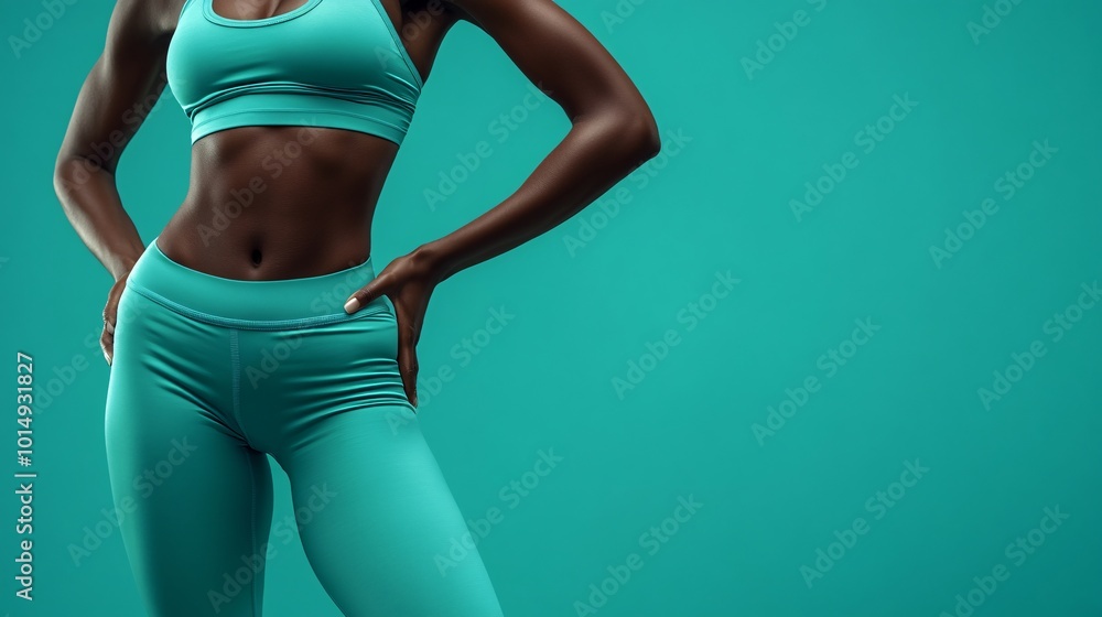 Poster Isolated on color background with side space for letters profile view of a womans hips and abs in teal athletic wear while holding a standing pose showing smooth curves and fitness Stock Photo with