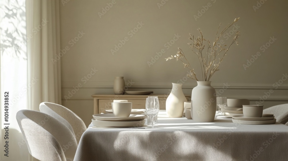 Poster a beautifully arranged dining table features simple ceramics and soft textiles, illuminated by gentl