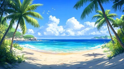 Fototapeta premium Tropical Beach Scene with Swaying Palm Trees