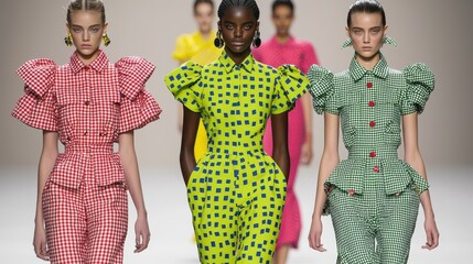 Bold checkerboard patterns in sleek jumpsuits with metallic accents, [fashion design], [retro-modern fusion].  ,closes up