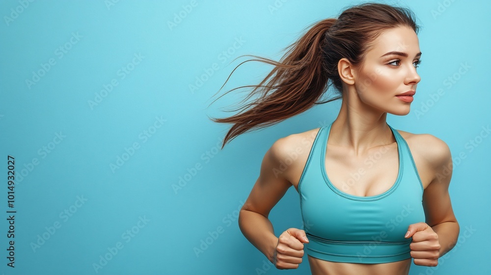 Poster isolated on color background with side space for letters woman in a teal sport bra and leggings perf