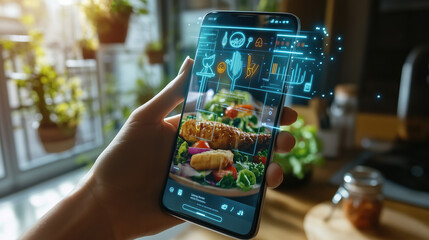 Futuristic Food Ordering: A Home User Engaging with a Food Delivery App Featuring Holographic Food Visualizations and Tracking Information Floating Above the Device
