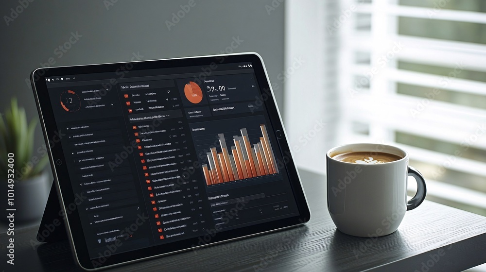 Poster Photorealistic with side space for letters financial overview dashboard on a sleek tablet placed on a work desk next to a minimalist coffee cup Stock Photo with copy space