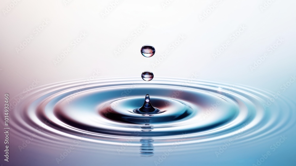 Poster a close-up of water droplets creating ripples on a surface, showcasing fluid dynamics.