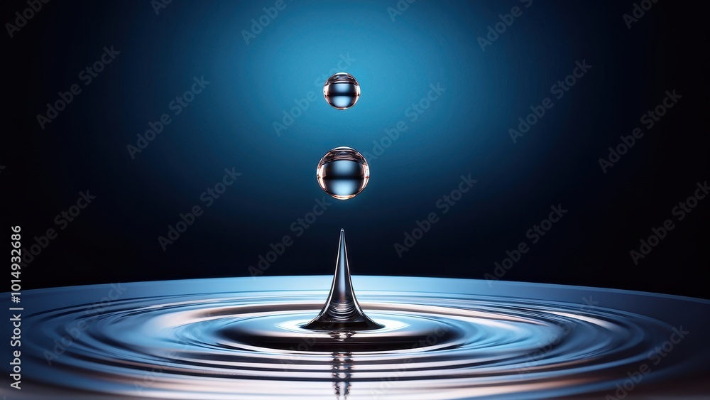 Poster a close-up of water droplets creating ripples on a surface, highlighting fluid dynamics.