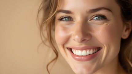 Close-up of model with perfect skin and white teeth on beige background with space for text.  For advertising of dental and skin care products