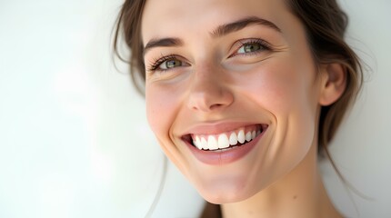 Close-up of smiling model with flawless makeup, glowing skin and natural white smile on white...