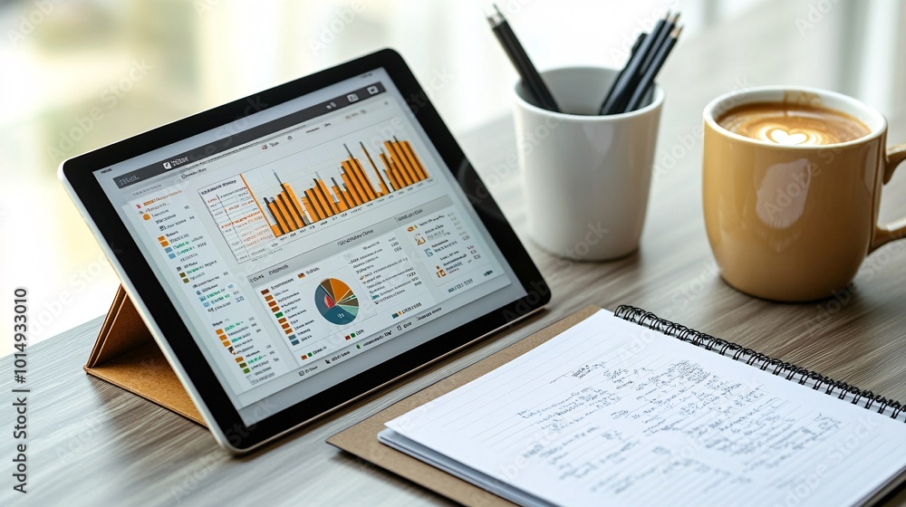 Poster Photorealistic with side space for letters a tablet displaying a personal finance dashboard set up on a desk beside a notepad and coffee cup Stock Photo with copy space
