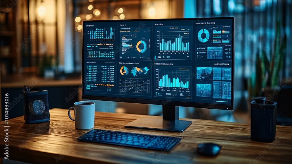Poster Photorealistic with side space for letters financial health dashboard with graphs and analytics on a desktop computer with a coffee cup on a wooden desk in a professional workspace Stock Photo with