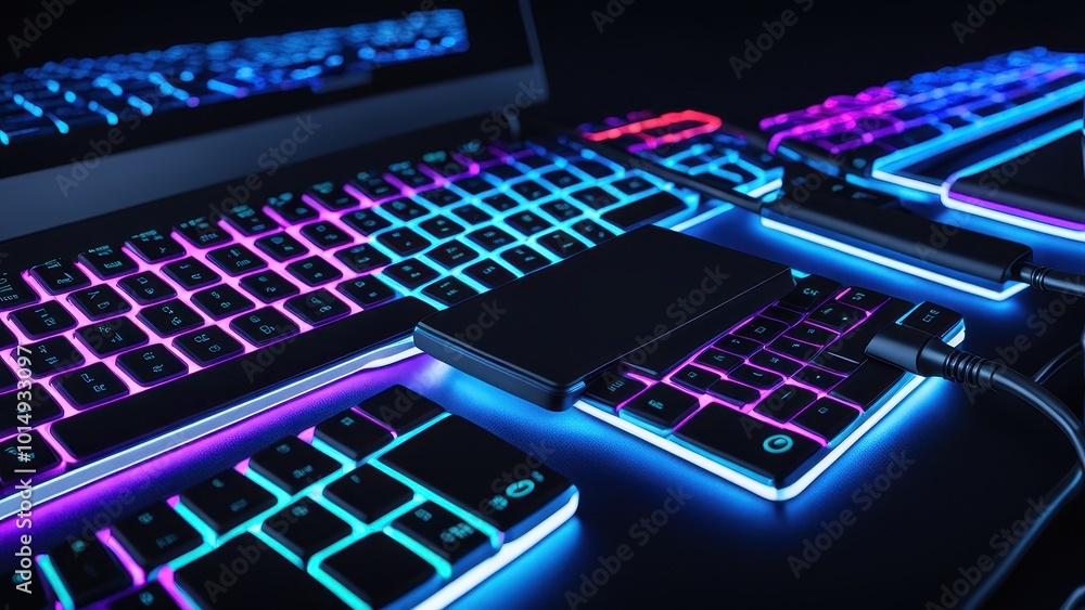 Poster a close-up of illuminated keyboards and an external hard drive, showcasing a tech setup.