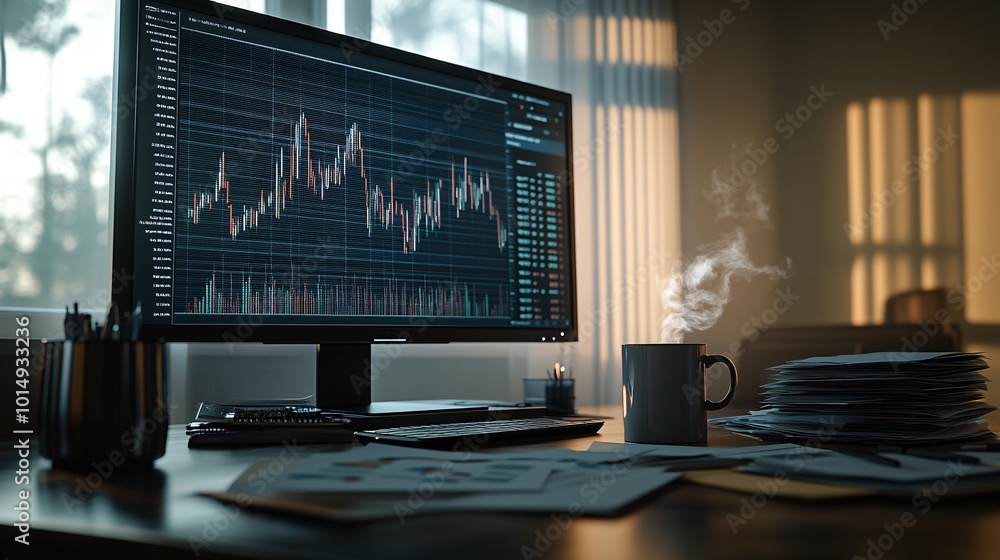 Poster Photorealistic with side space for letters a high-resolution monitor showing financial charts on a desk with a steaming coffee mug and a stack of documents beside it Stock Photo with copy space