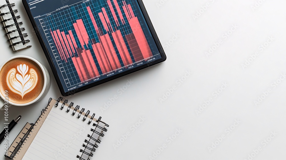 Poster Photorealistic with side space for letters financial health metrics on a high-end desktop screen with a latte cup and a notebook on the desk Stock Photo with copy space
