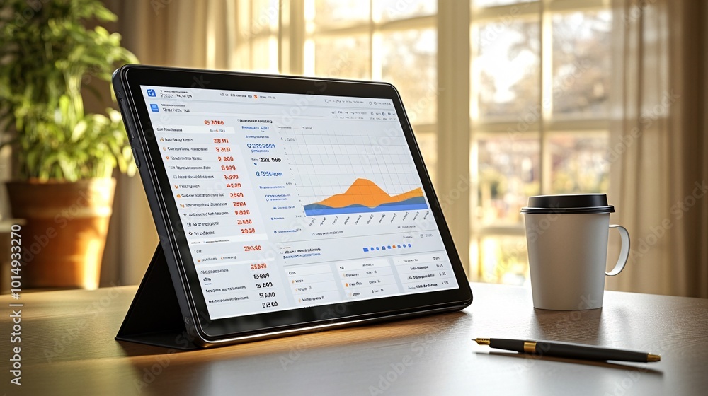 Aufkleber photorealistic with side space for letters financial performance dashboard on a tablet propped up on