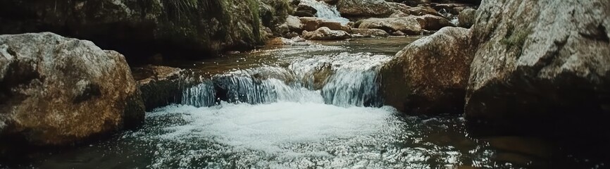 Close-up of a small waterfall flowing over rocks in a forest stream.