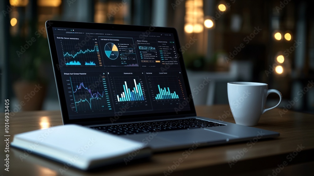 Poster Photorealistic with side space for letters a financial tracking dashboard on a laptop screen in an office with a white coffee cup and open notebook beside it Stock Photo with copy space