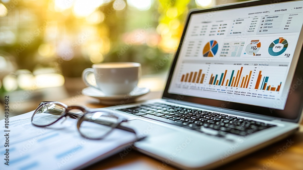 Poster photorealistic with side space for letters laptop displaying a personal finance dashboard on a tidy 