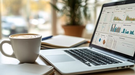 Photorealistic with side space for letters a financial tracking dashboard on a laptop screen in an office with a white coffee cup and open notebook beside it Stock Photo with copy space