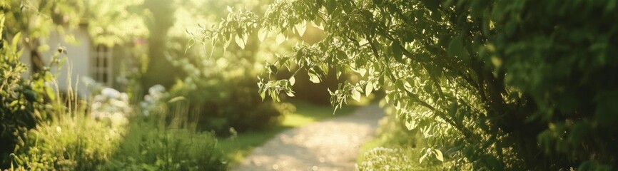 Fototapeta premium A view through green leaves of a sunny pathway with a blurry building in the background.