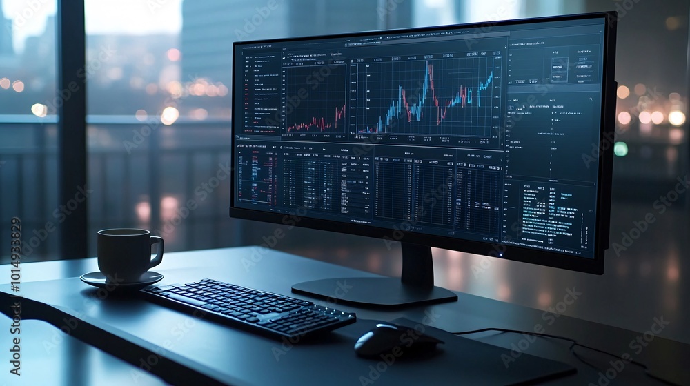 Poster Photorealistic with side space for letters high-resolution monitor displaying financial health analytics on a modern desk with a coffee cup and a keyboard Stock Photo with copy space