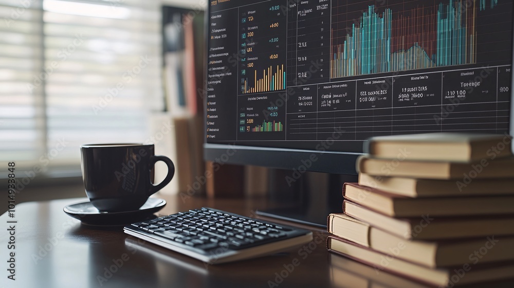 Poster photorealistic with side space for letters personal budget tracking dashboard on a desktop monitor w