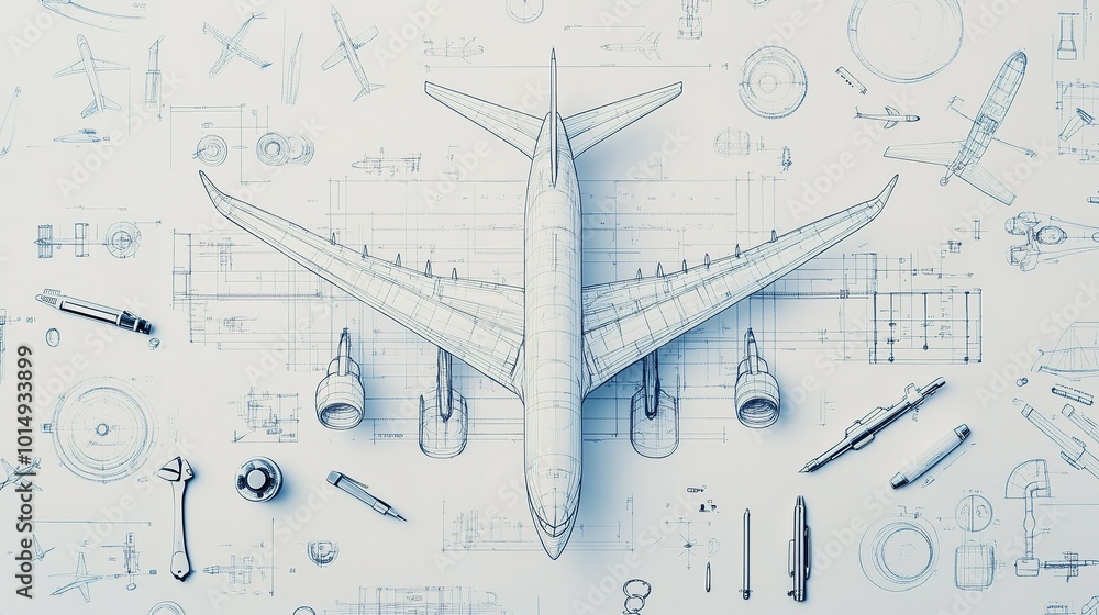 Wall mural airplane design concept with technical drawings and instruments