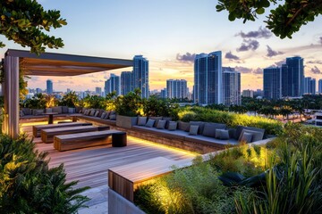 Fototapeta premium Modern rooftop lounge in Miami with sleek wooden seating and lush surrounding greenery, cityscape at dusk