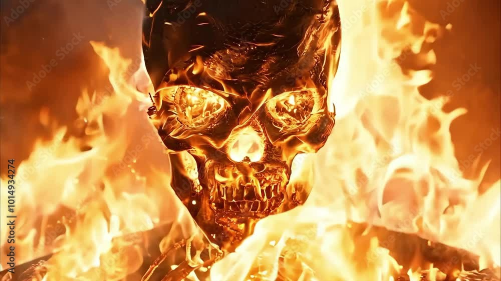 Poster a skull surrounded by flames, creating an intense fiery scene depicting an abstract or fantastical c