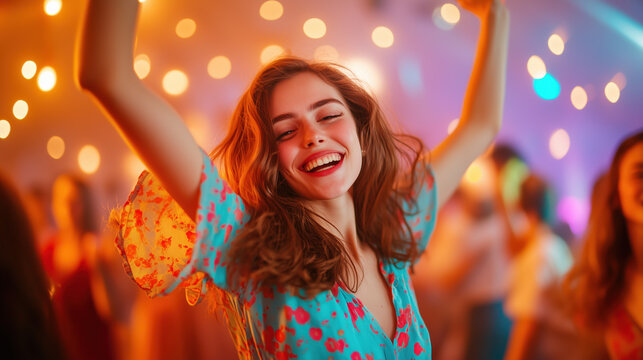 Vibrant House Party Celebration with People Enjoying Vinyl Records and Nostalgic Warm Lighting