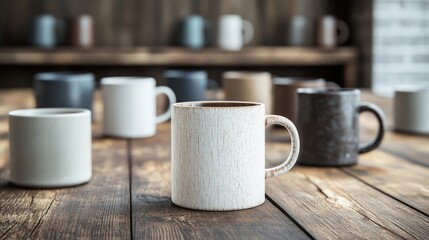 Wooden Table with Coffee Mugs