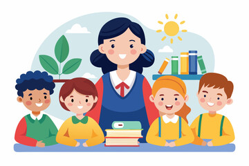 a teacher with pupils in primary school vector illustration on a white background