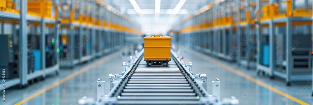 Poster an automated conveyor system in a modern warehouse, featuring a yellow crate moving along the convey