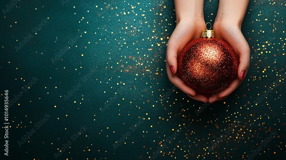 Poster Isolated on Christmas green color background with side space for letters hands holding a shiny red and gold Christmas ornament ball with sparkling details Stock Photo with copy space