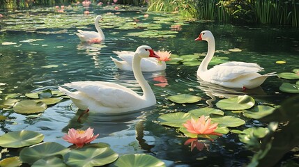 Serene Swans Gliding on Lush Tropical Pond with Vibrant Lily Pads