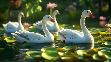 Obraz premium Tranquil Pond with Graceful White Waterfowl Floating Amidst Lush Foliage