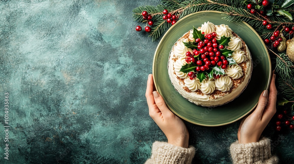 Poster isolated on christmas green color background with side space for letters a person holding a deliciou
